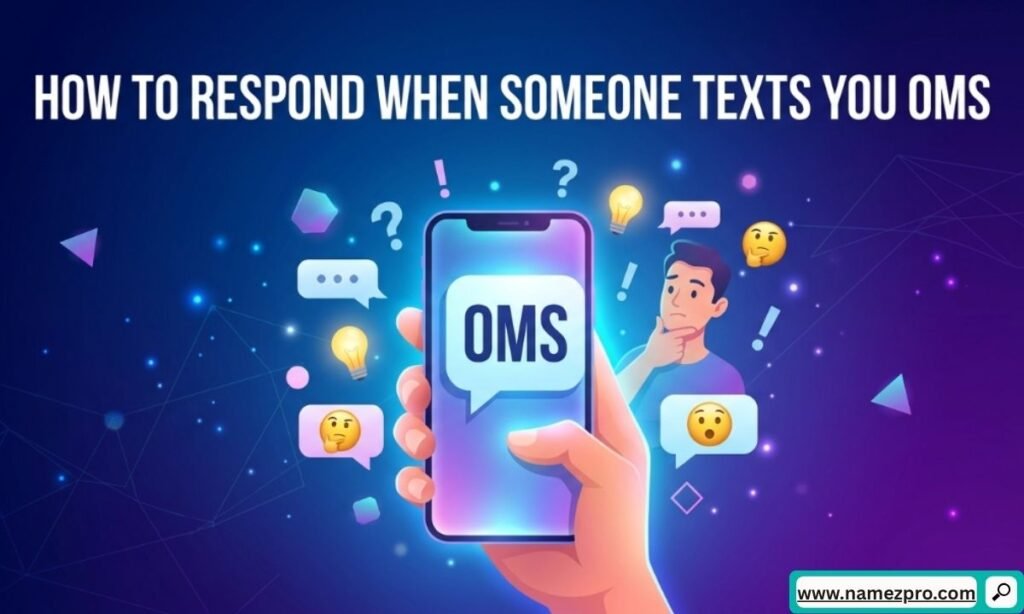Person holding a smartphone displaying chat bubbles with OMS text and creative reply suggestions for messaging apps.