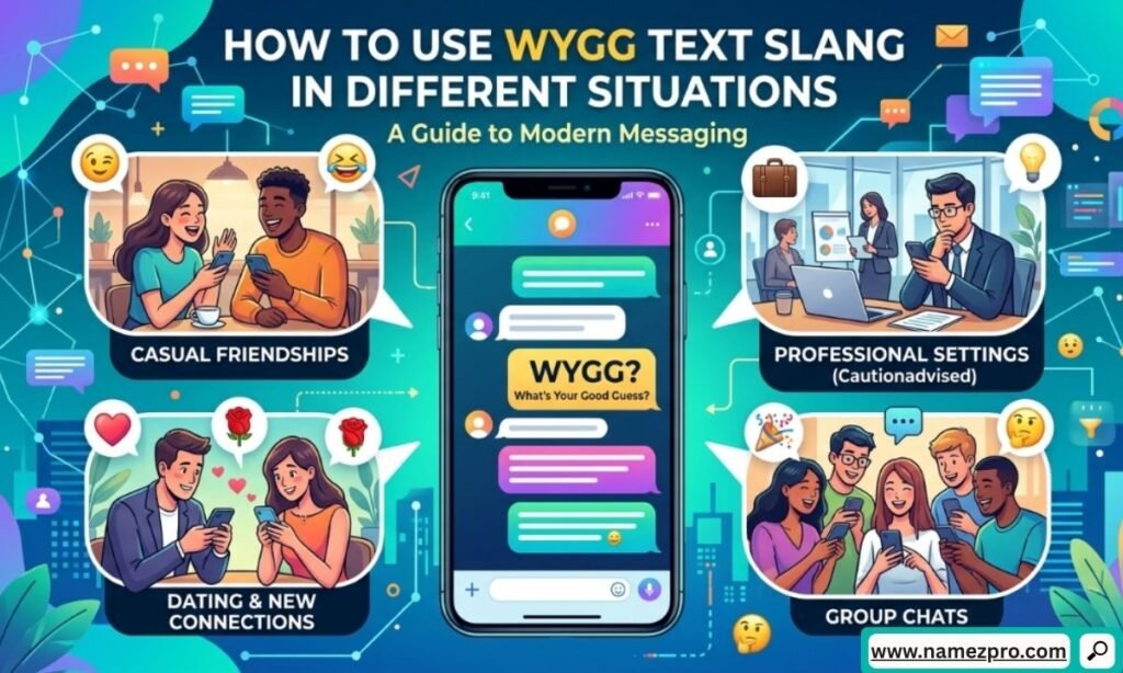 Side-by-side comparison of appropriate text message examples showing how to use WYGG in casual versus professional chats.