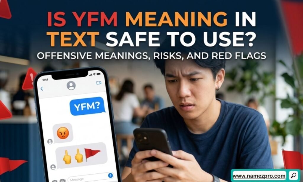 Warning icon beside a chat bubble with "YFM?" and question mark, visualizing safety check on YFM meaning in text risks.