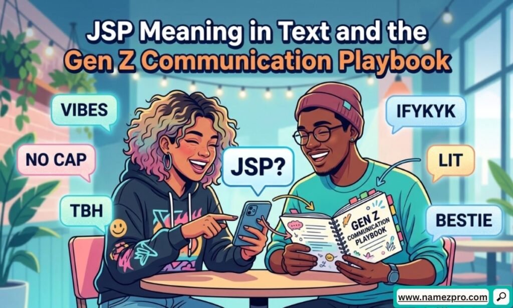 A flat lay photo of a clean light blue background with modern smartphone graphics showing trendy Gen Z text bubbles.
