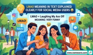 Split screen showing a person laughing at a smartphone and text bubble with LMAO meaning in text slang explained.