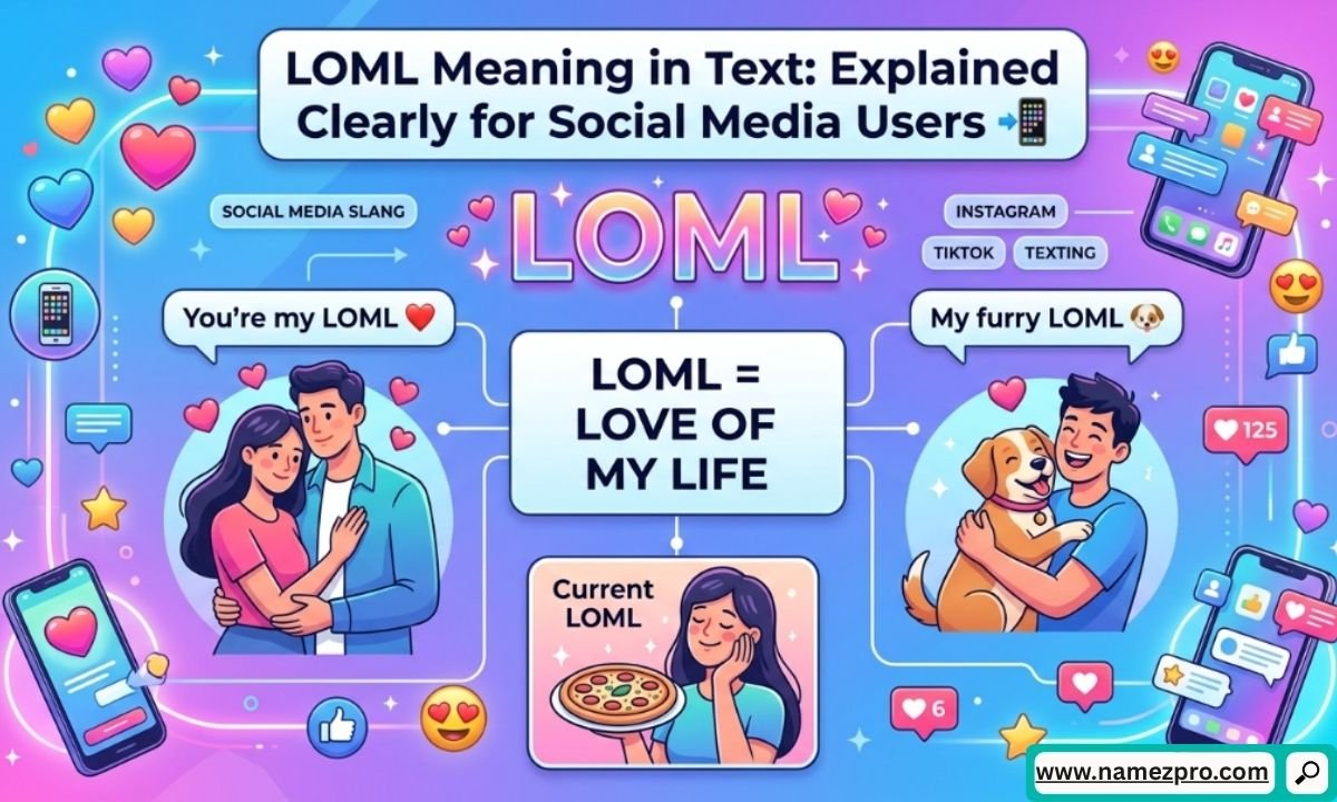 LOML meaning in text explained on smartphone chat screen with social media slang and messaging icons