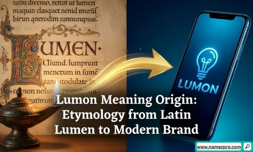 Etymology tree diagram tracing the word from the ancient Latin root lumen up through the modern names Lumon Industries and the Finnish glass balcony company.