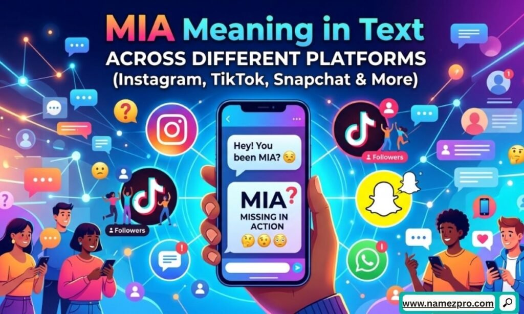 MIA meaning in text on Instagram, TikTok, Snapchat collage with app icons.