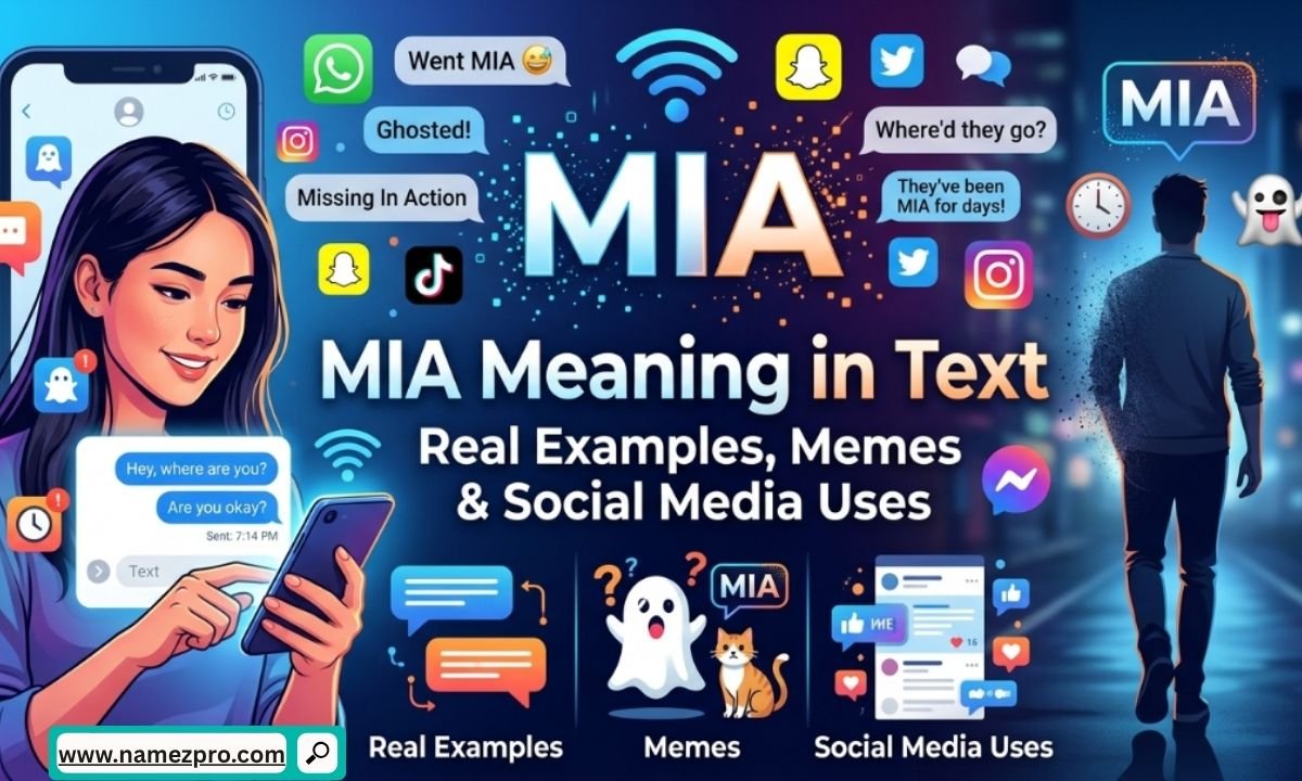 MIA meaning in text with real-life examples, popular memes and social media uses displayed on mobile screen.