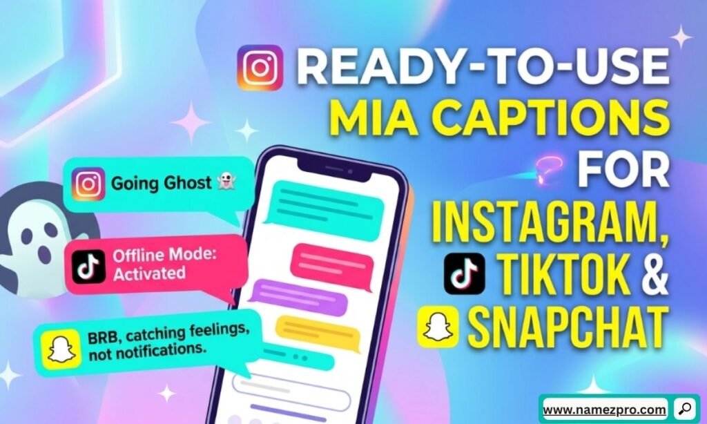 Smartphone screen displaying ready-to-use MIA captions for Instagram, TikTok, and Snapchat posts.