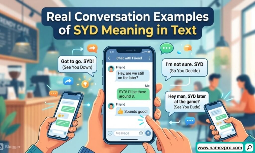 Real SYD meaning in text conversation examples shown in smartphone chat messages and social media texting