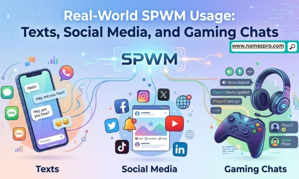 Collage of smartphone screens displaying SPWM slang in text messages, social media post, and gaming chat.
