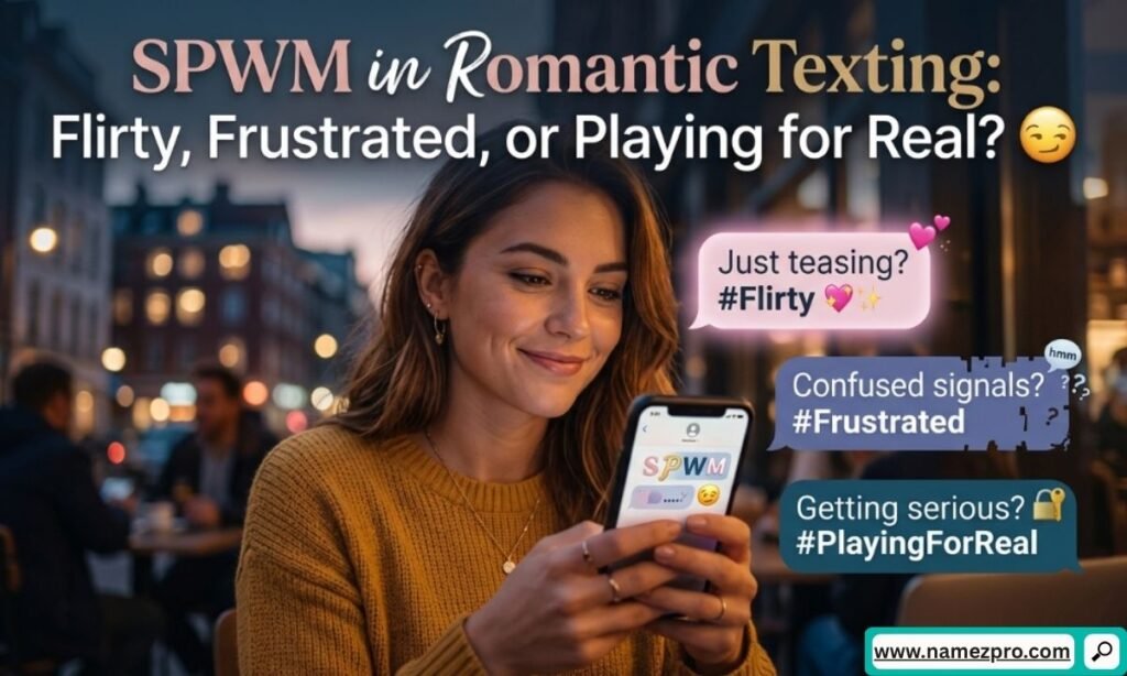 Phone screen showing romantic text exchange with SPWM acronym, heart and frustrated emoji indicating flirty or serious tone.