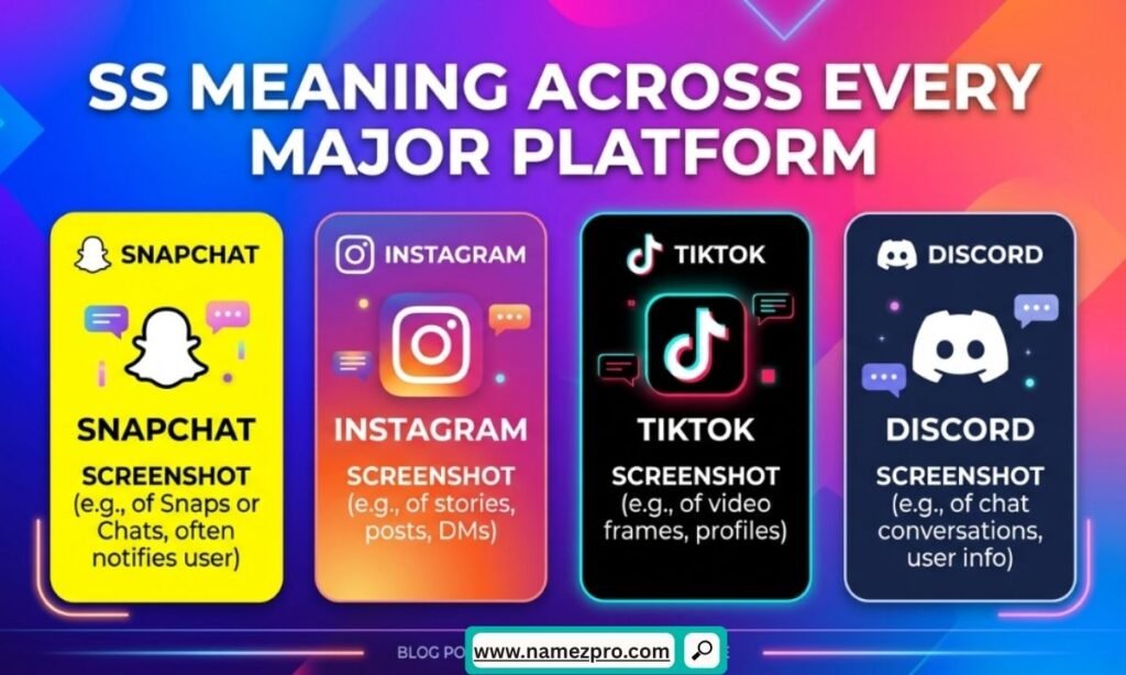 SS meaning across Snapchat Instagram TikTok and Discord shown with social media chat icons and texting slang examples