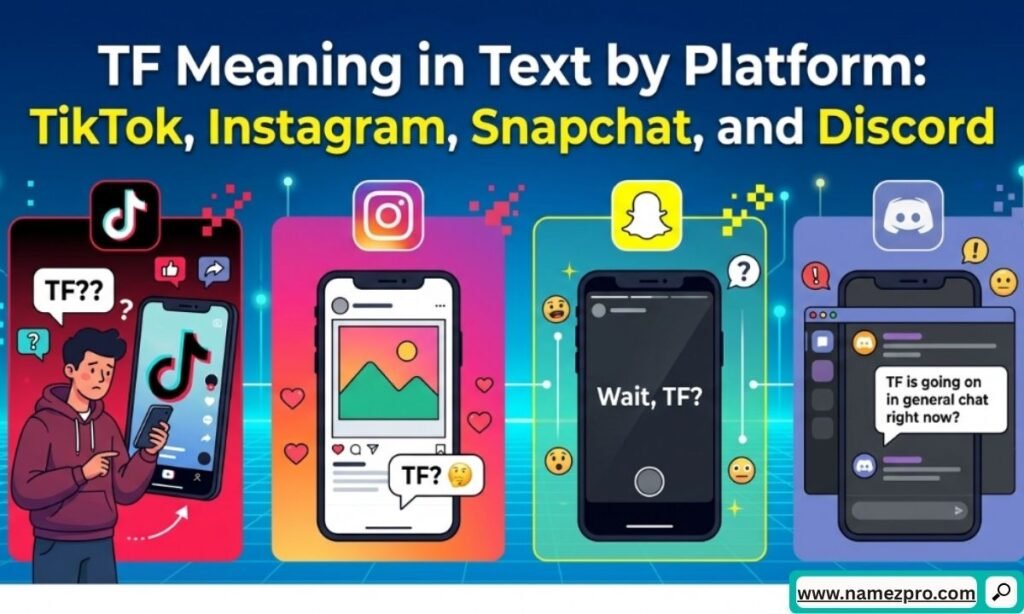Comparison chart of TF slang meanings across TikTok Instagram Snapchat and Discord mobile app interfaces.