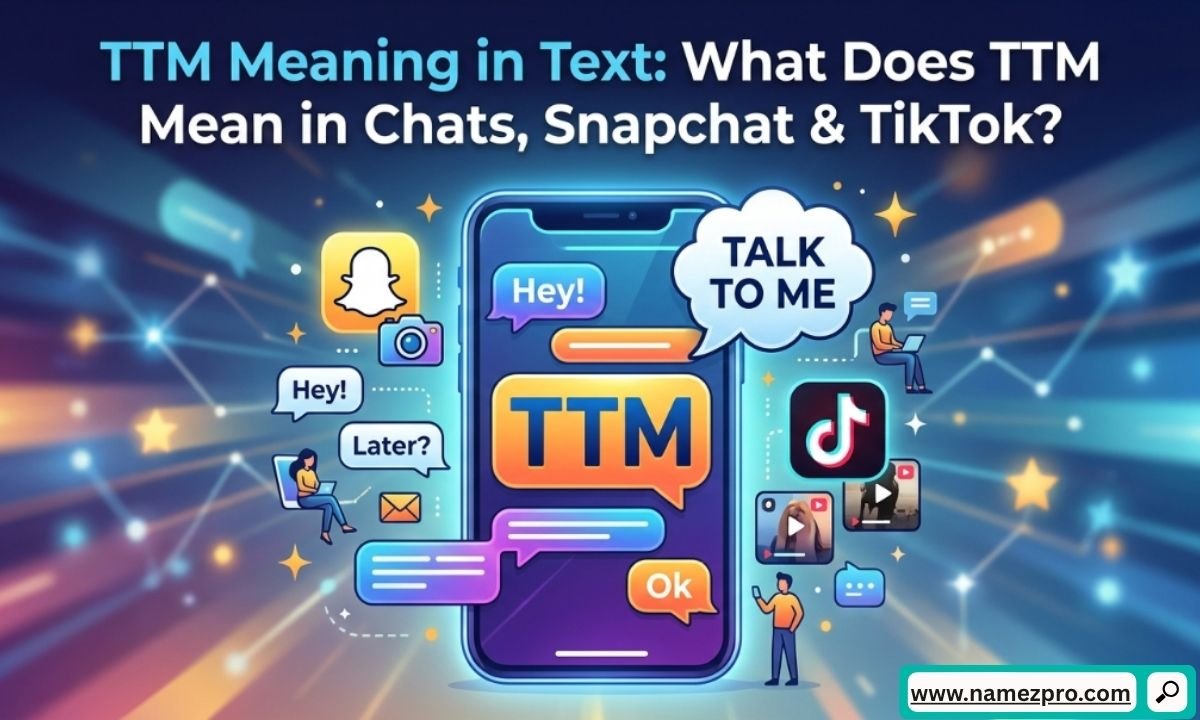 Smartphone screen showing a chat with the slang TTM meaning Talk To Me, and icons of Snapchat, TikTok, and Instagram.