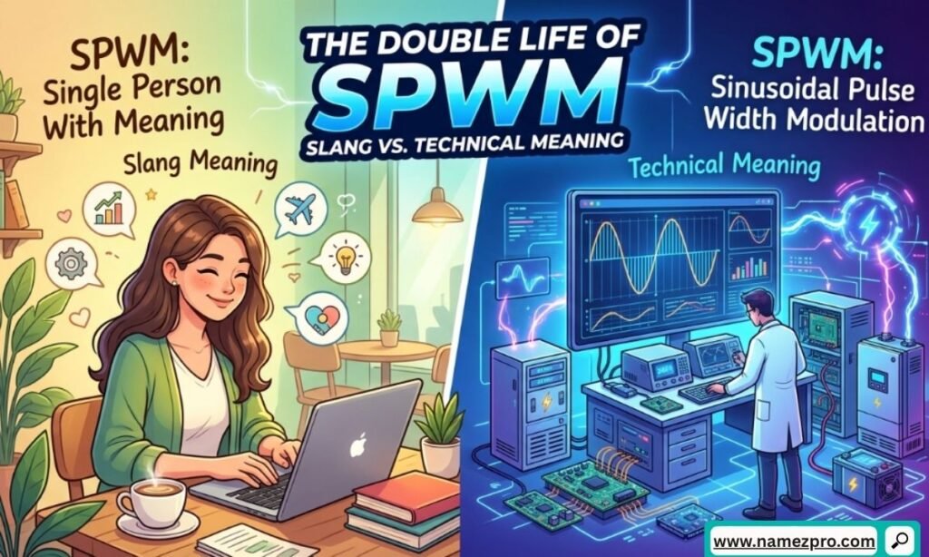 Split image contrasting SPWM slang (working mom) and technical meaning (sinusoidal PWM) showing both concepts.