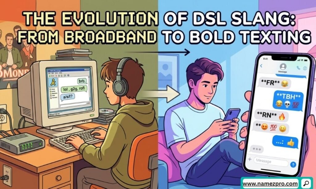 Timeline graphic showing DSL evolution from 1990s broadband internet technology to bold modern texting slang across social media platforms
