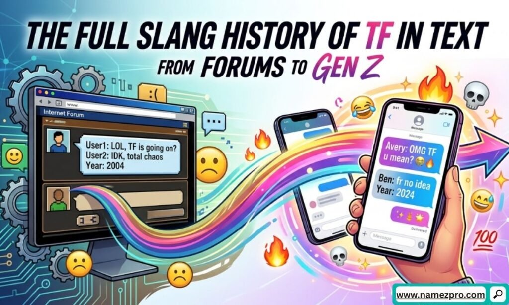 Timeline of internet slang evolution from early 2000s forums to Gen Z TikTok culture showing the origins of TF.