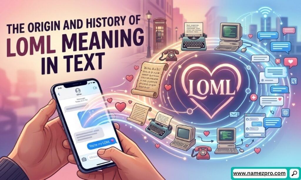 Timeline graphic showing the origin and history of LOML meaning in text messaging and social media slang