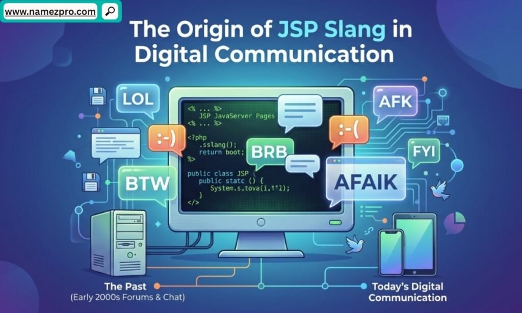 A vintage digital retro chat bubble graphic illustrating the historical origin and evolution of JSP slang online.