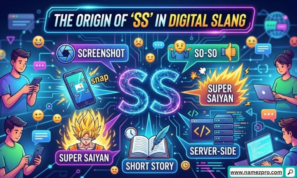 Origin of SS in digital slang shown through texting apps, social media icons, and online chat abbreviations