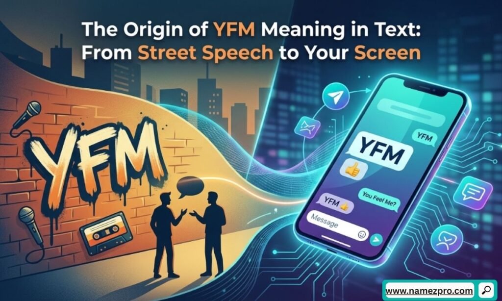 Evolution of YFM meaning in text from hip-hop street speech to smartphone screen, illustrated as graffiti merging into a chat bubble.