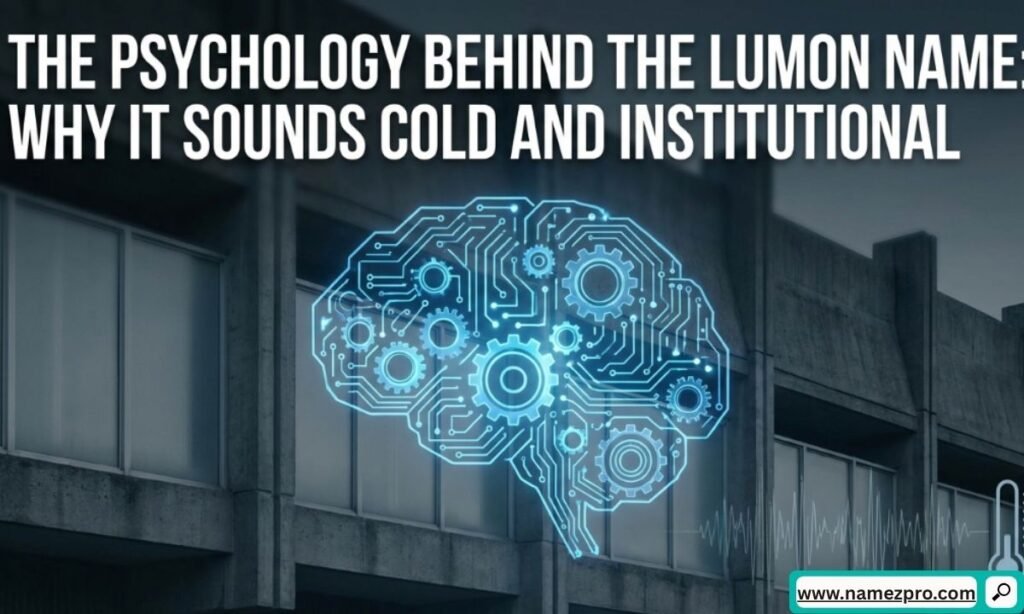  Phonetics visualization highlighting the L, M, and N consonant clusters in Lumon, set against a cold blue corporate color palette and a wireframe institutional building.