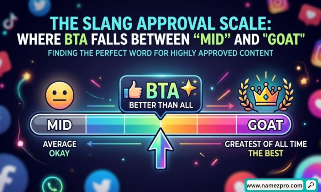 Illustrated slang approval scale ranking BTA (But Then Again) between Mid and GOAT in texting hierarchy.