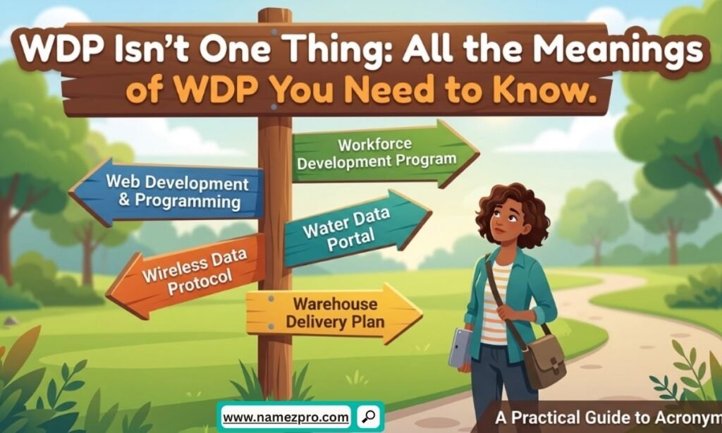 Different meanings of WDP explained with social media chat acronyms and texting slang examples on smartphone screen