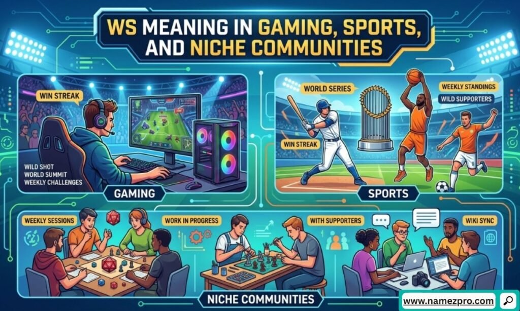 Split screen showing a competitive video game UI, a baseball stadium scoreboard, and online forum chat icons.