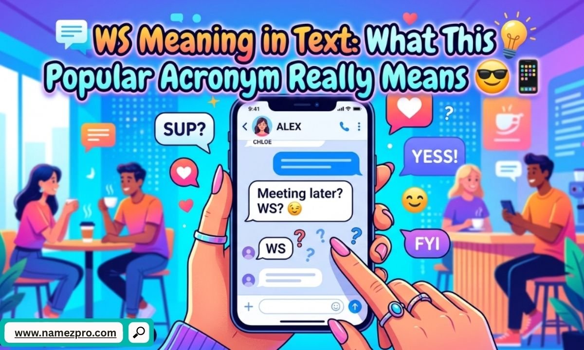 A colorful smartphone screen showing a text message chat with the acronym WS highlighted in a bright speech bubble.