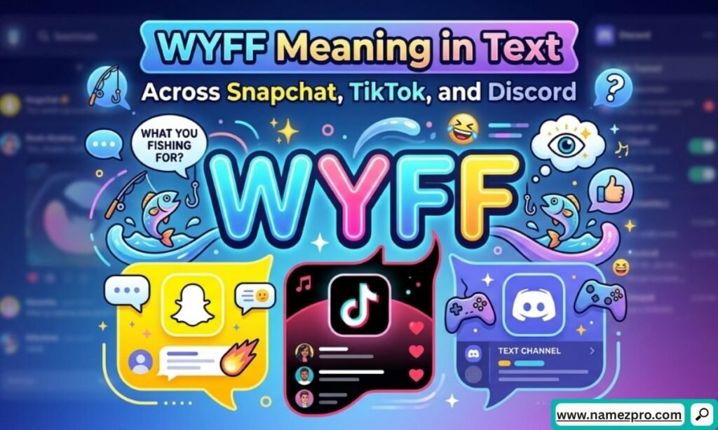 Split-screen graphic showing Snapchat, TikTok, and Discord UI elements highlighting the shifting WYFF meaning in text apps.