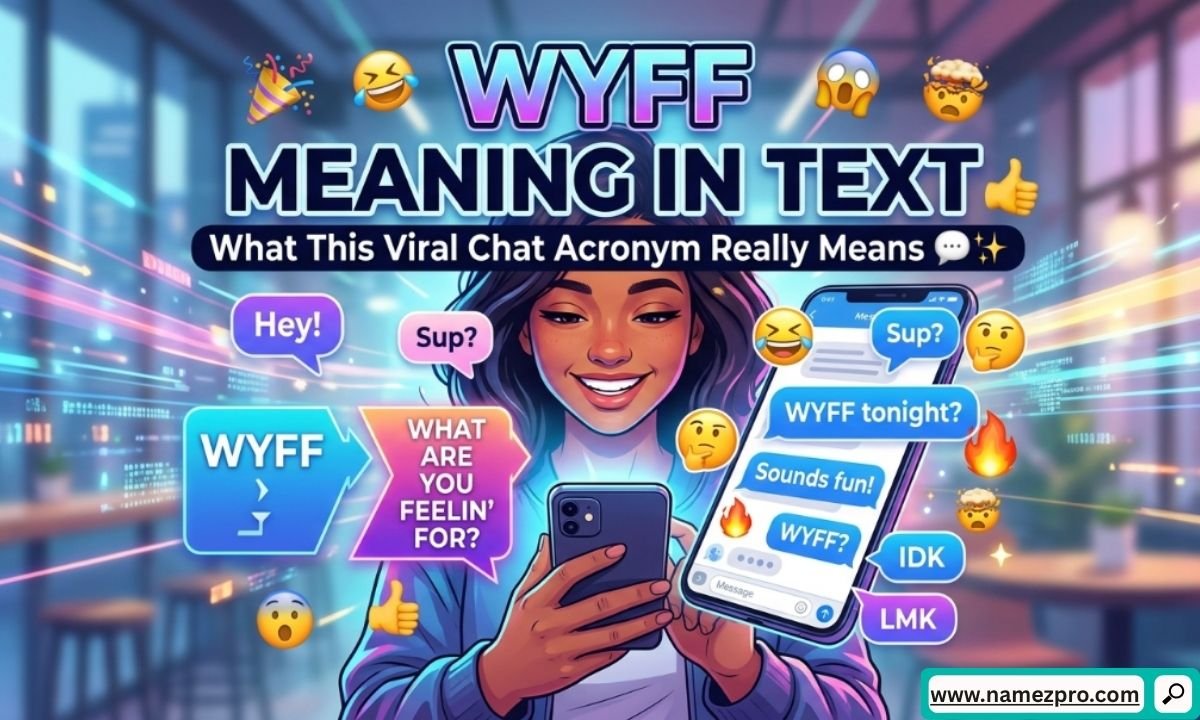 Vibrant smartphone screen displaying a chat bubble with WYFF meaning text acronym in a modern social media UI layout.
