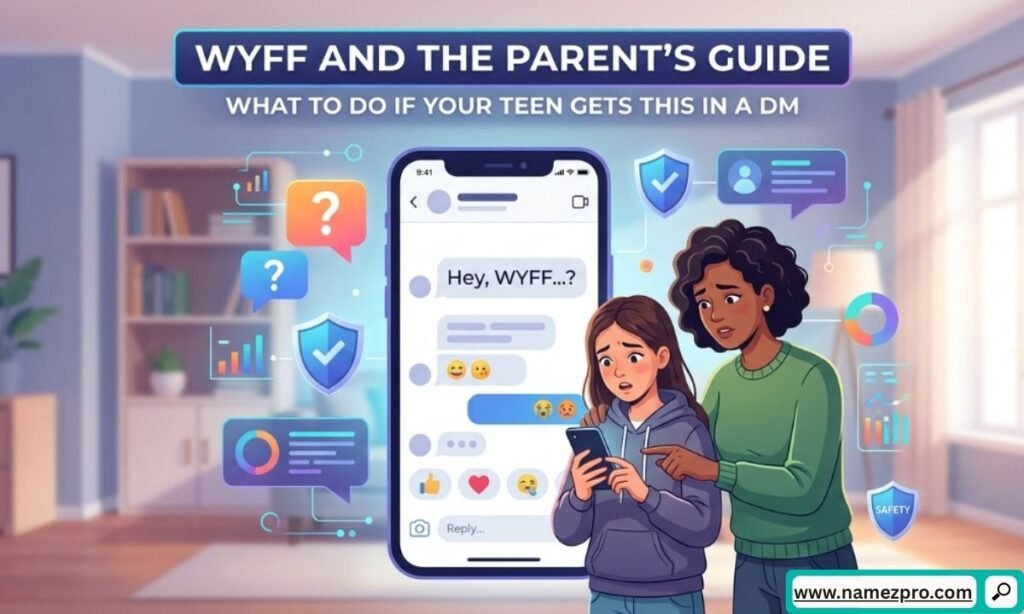 Conceptual illustration of a parent and teenager discussing mobile phone safety settings next to text chat bubbles.