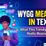 Smartphone screen displaying WYGG text message in a colorful chat bubble with trendy emojis on a vibrant background.