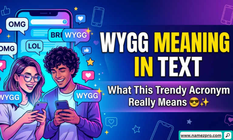 Smartphone screen displaying WYGG text message in a colorful chat bubble with trendy emojis on a vibrant background.
