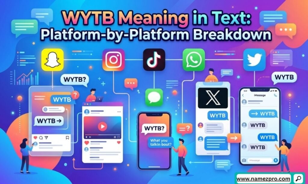 WYTB meaning in text platform breakdown across WhatsApp, TikTok, Instagram, and Snapchat chat bubbles.