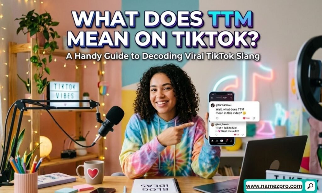 TikTok comment section or DM with TTM text bubble and Gen Z hand emoji explaining Talk To Me slang on the platform.