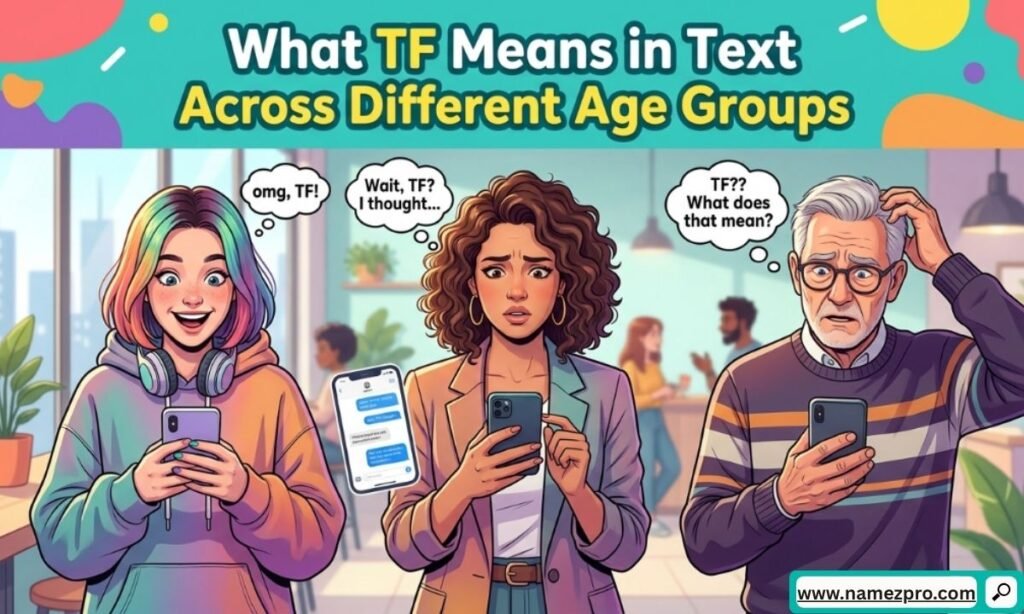 Infographic explaining TF meaning in text for Gen Alpha, Gen Z, and Millennials.