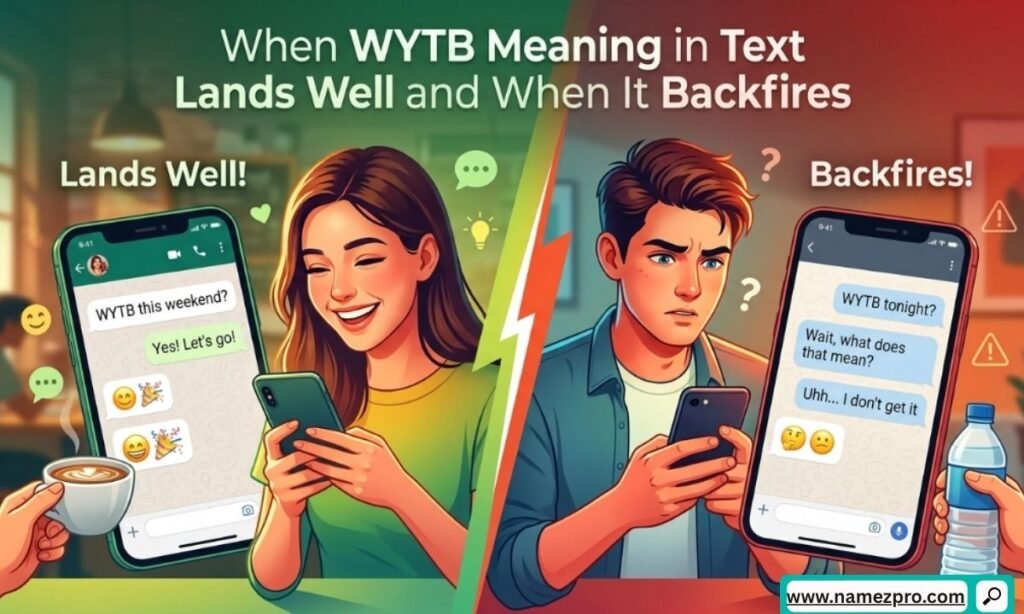 WYTB meaning in text: successful vs awkward use illustrated with chat bubbles, green checkmark, red X.