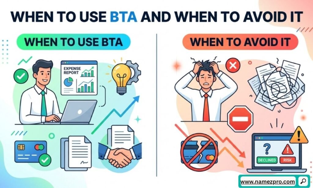 Decision flowchart showing when to use BTA (But Then Again) in texts vs when to avoid it, with examples.