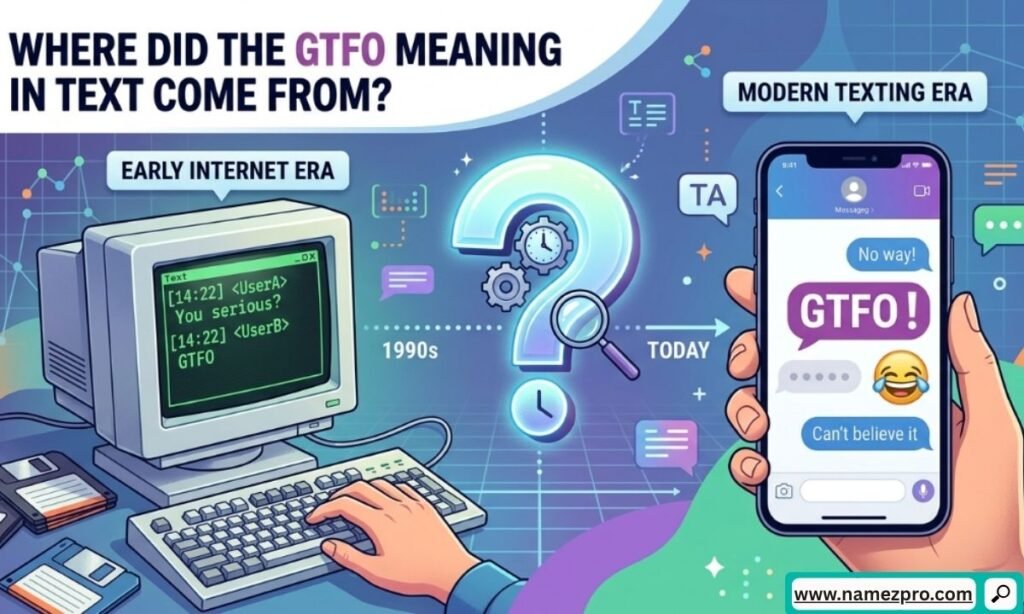 Origin of GTFO meaning in text displayed through old internet chat slang and modern social media messaging