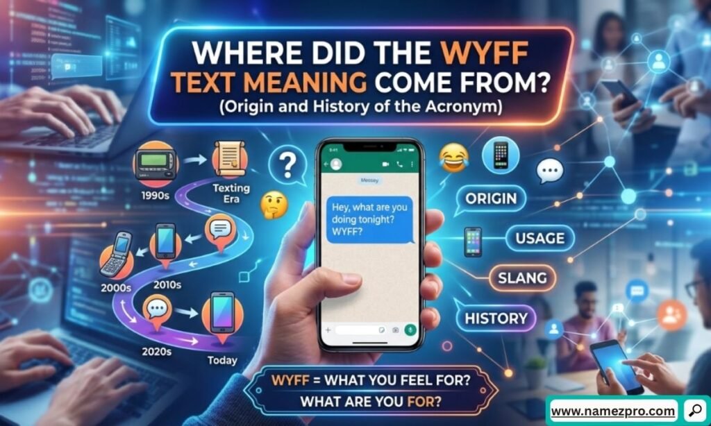 Conceptual timeline graphic showing the historic evolution of WYFF text meaning from 2000s chatrooms to modern viral slang.