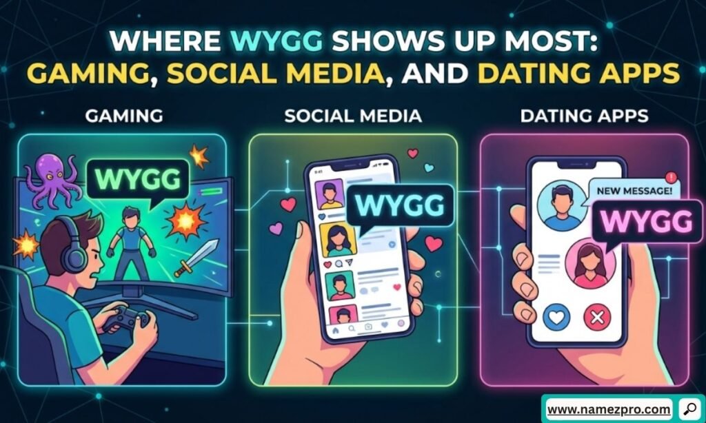 Mobile screen displaying three popular app icons representing Discord, Snapchat, and Tinder with a stylized WYGG text message notification.
