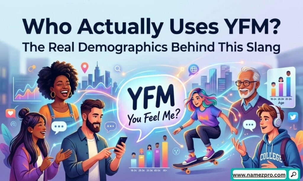 Demographic chart showing Gen Z, gamers, and hip-hop fans as primary users of YFM texting slang.