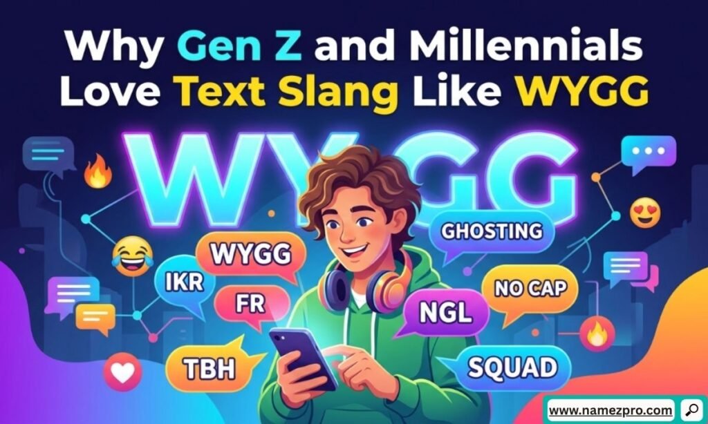 Styled conceptual graphic representing Gen Z and Millennial text slang trends with digital chat bubbles and social emojis.