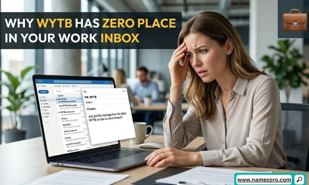 A formal email inbox on a laptop screen with a casual chat acronym visibly crossed out in red.