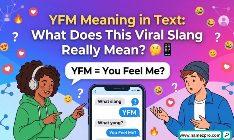 Smartphone chat bubble with "YFM?" illustrating YFM meaning in text (You Feel Me?) as viral slang.