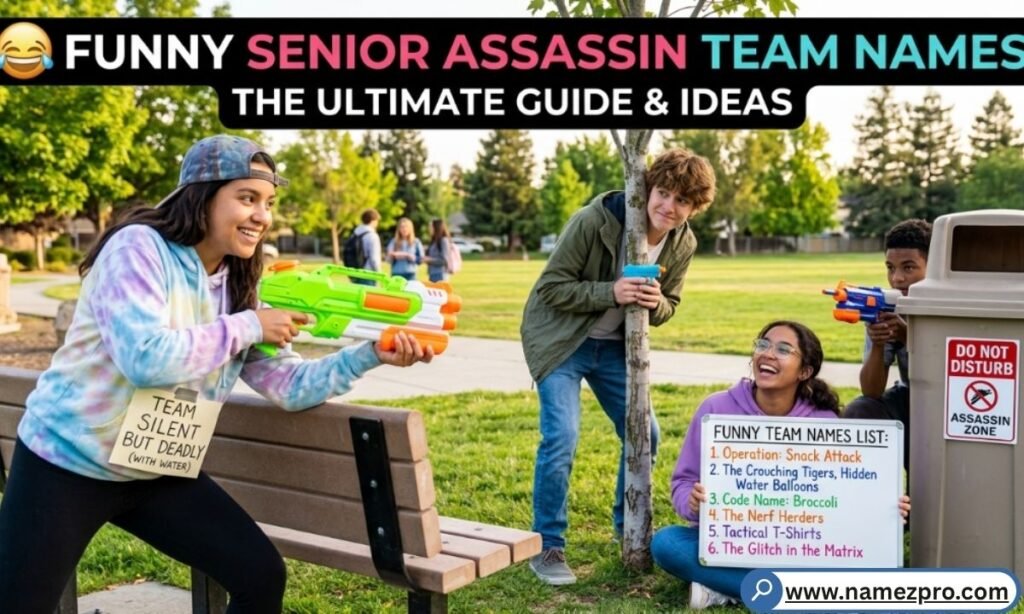 Laughing teens holding water guns with funny team name list on phone