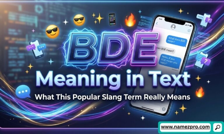 BDE meaning in text messages shown on a smartphone chat screen with slang abbreviation explanation and social media icons