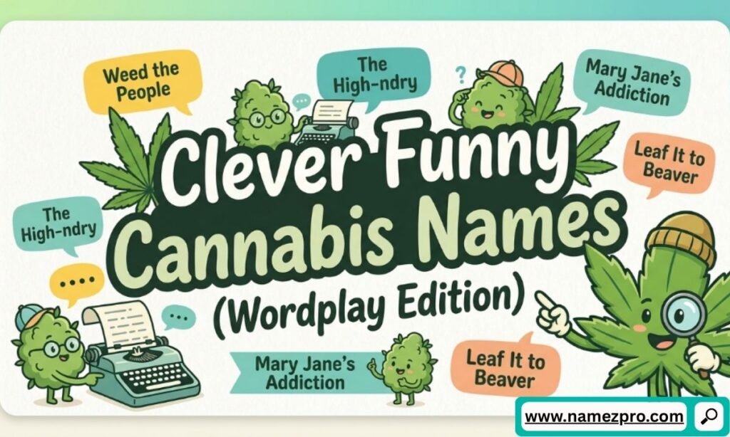 Cartoon weed buds using a typewriter and magnifying glass, surrounded by funny cannabis pun speech bubbles.