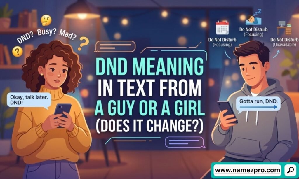Split screen showing a guy and a girl looking at their smartphones with DND Do Not Disturb texting symbols overhead.