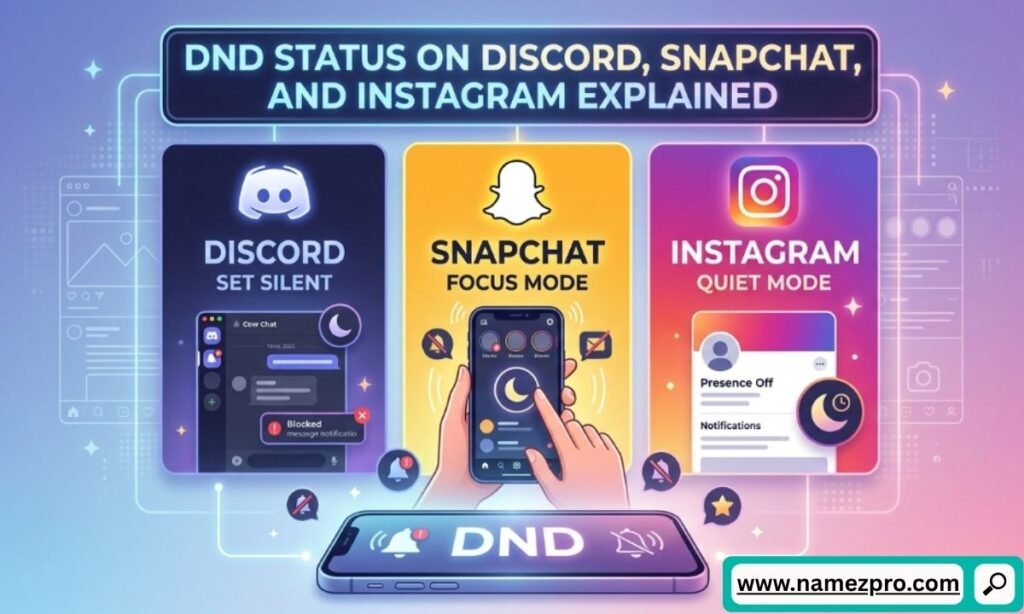 Graphic grid featuring the Discord red DND dot, Snapchat silent settings, and Instagram Quiet Mode moon icon.